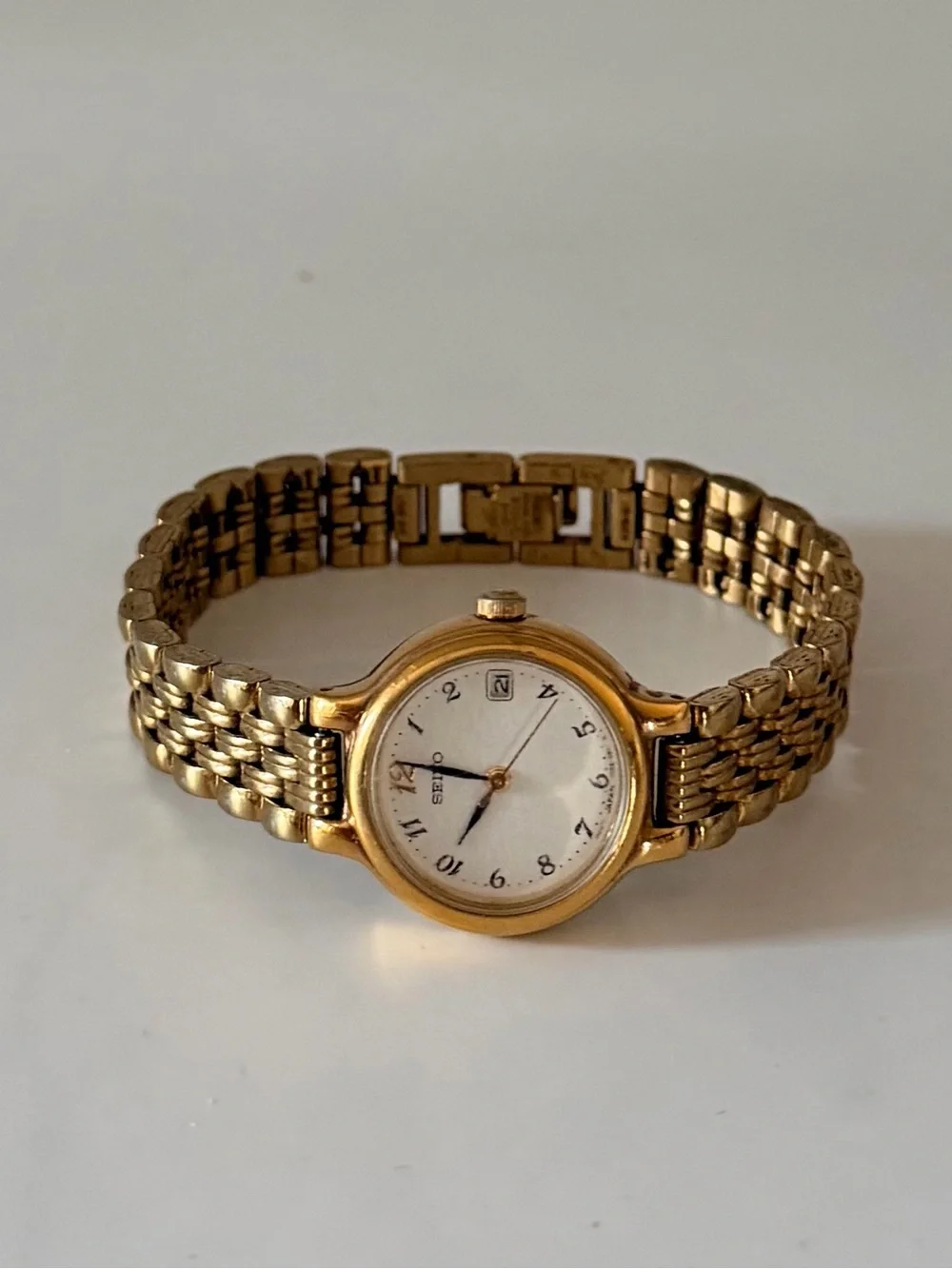 Seiko Gold Tone Watch with Day Date Calendar White Dial
